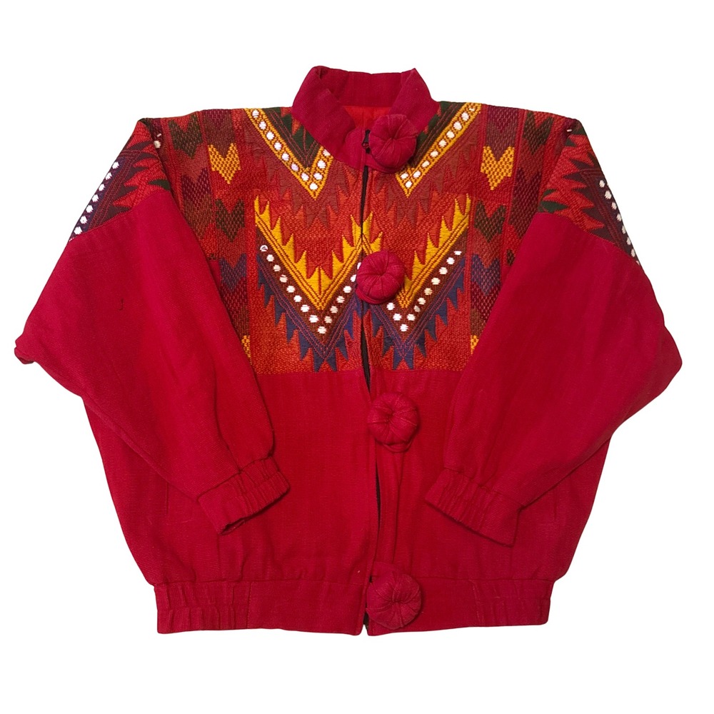 Vintage Handmade Guatemala Cotton Woven Jacket Red Geometric Batwing Size M